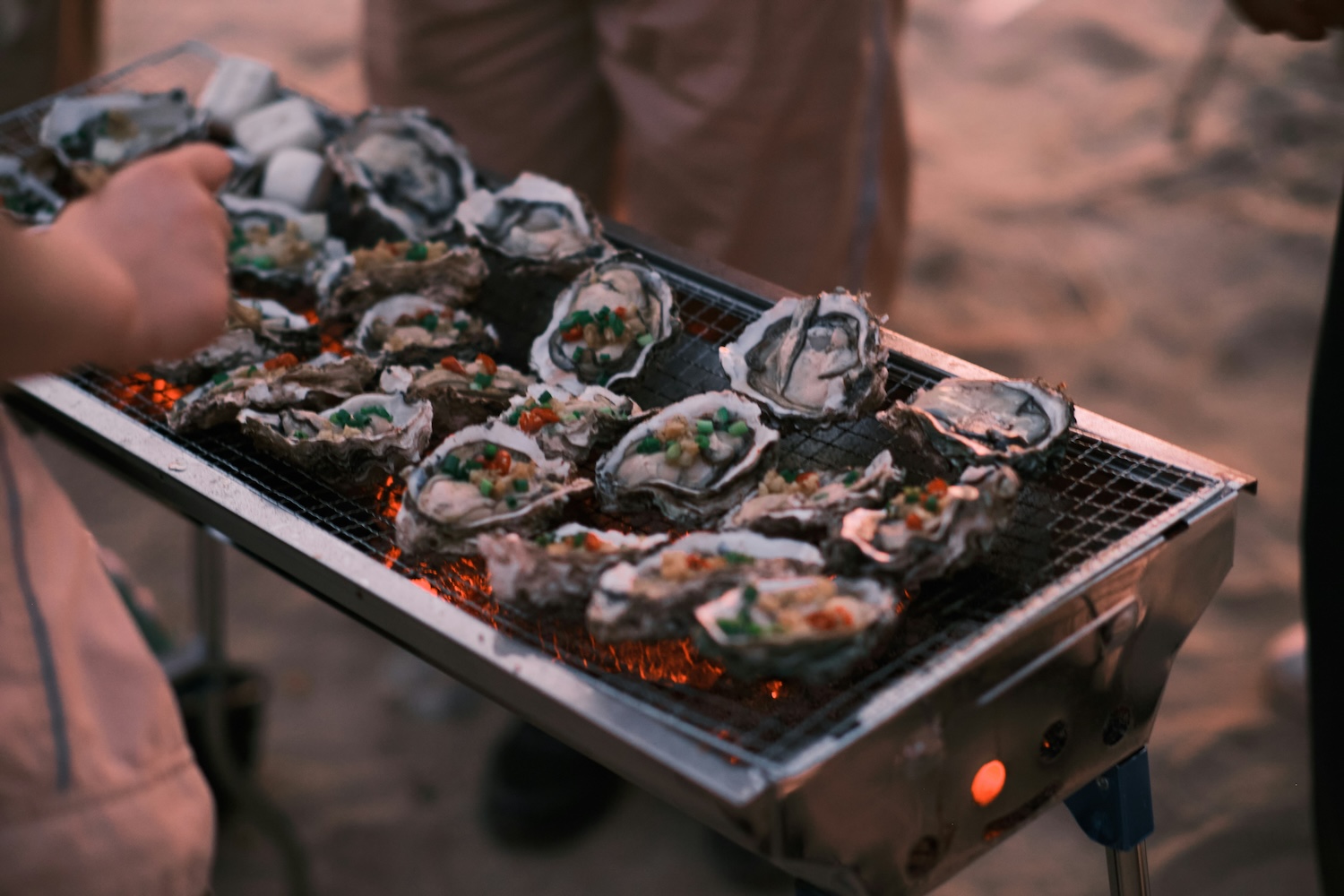 grill with oysters on them